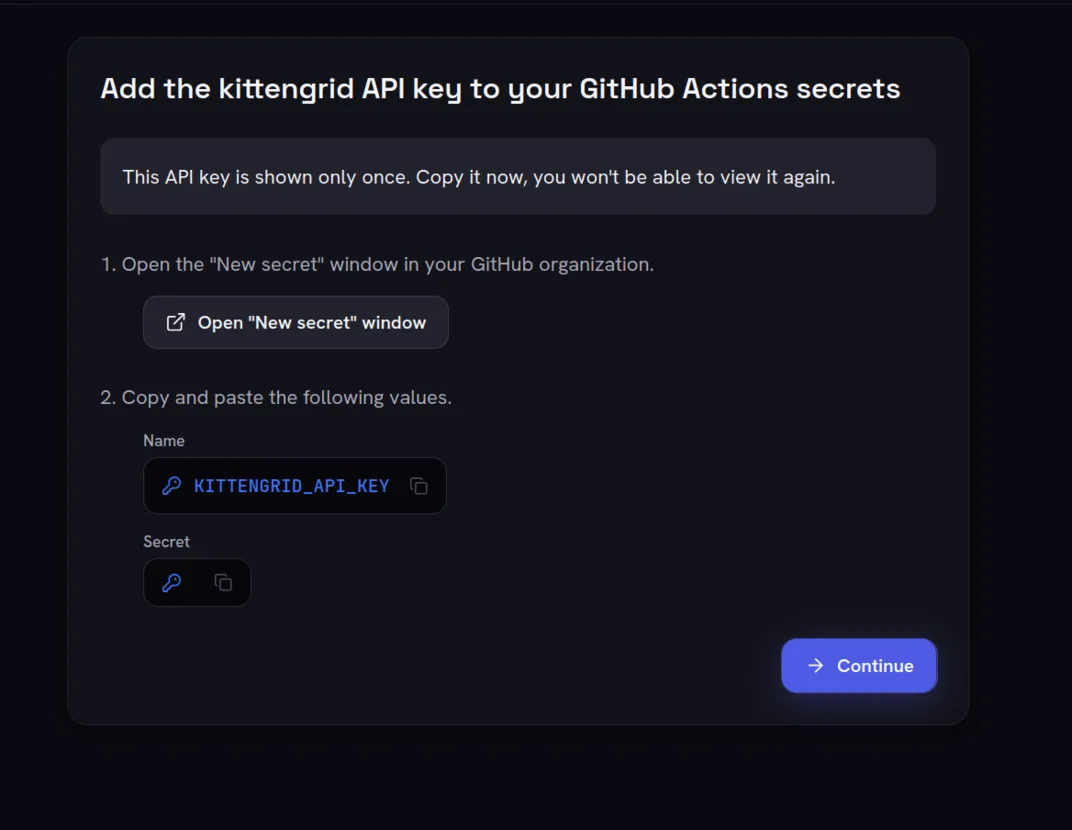 Kittengrid API key instructions showing the KITTENGRID_API_KEY secret name.