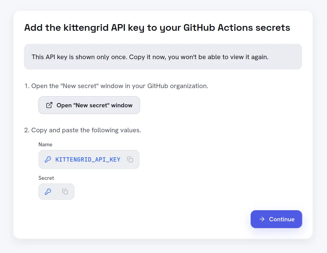 Kittengrid API key instructions showing the KITTENGRID_API_KEY secret name.