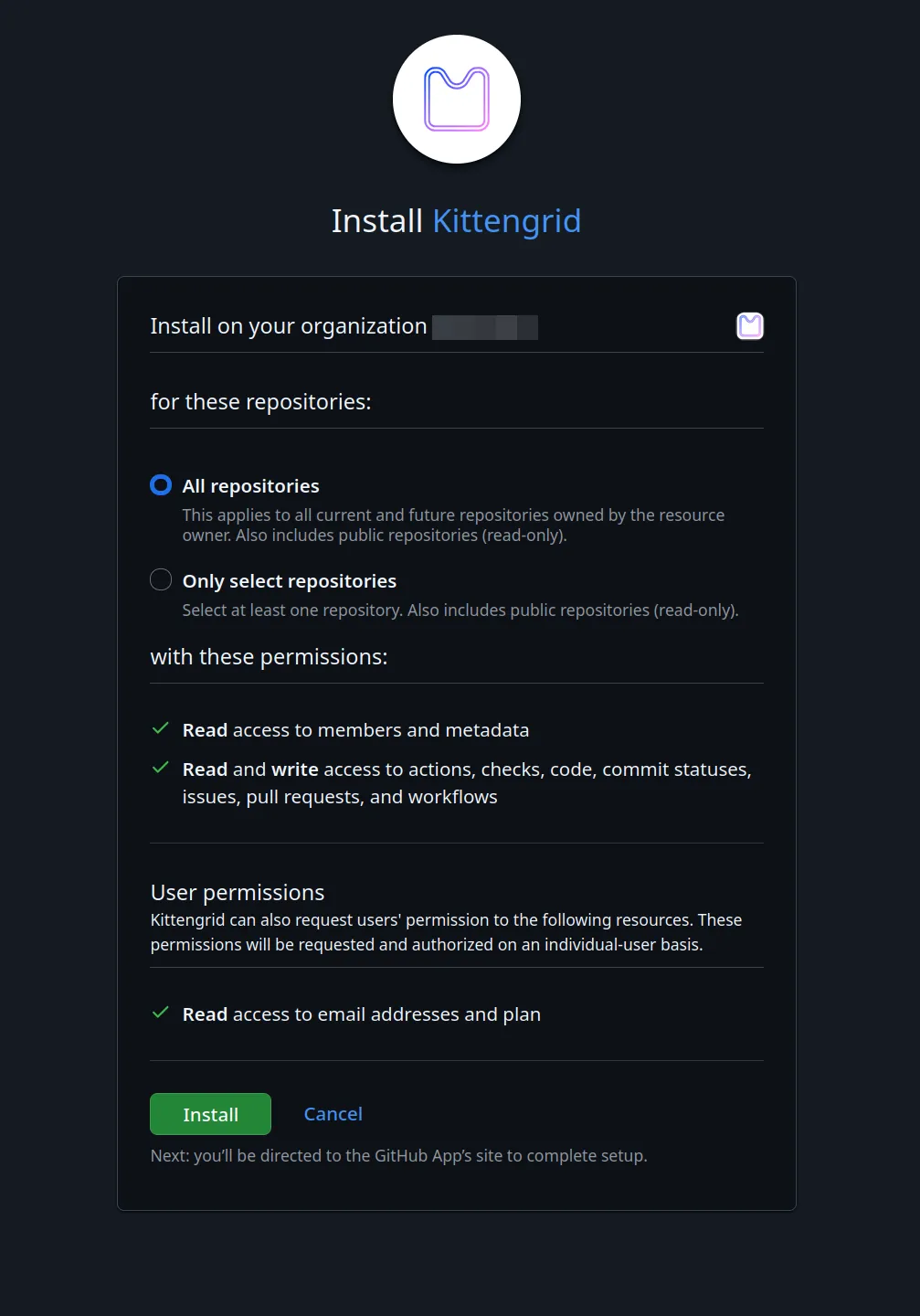 The Kittengrid GitHub App installation screen, where you select repositories and review permissions.