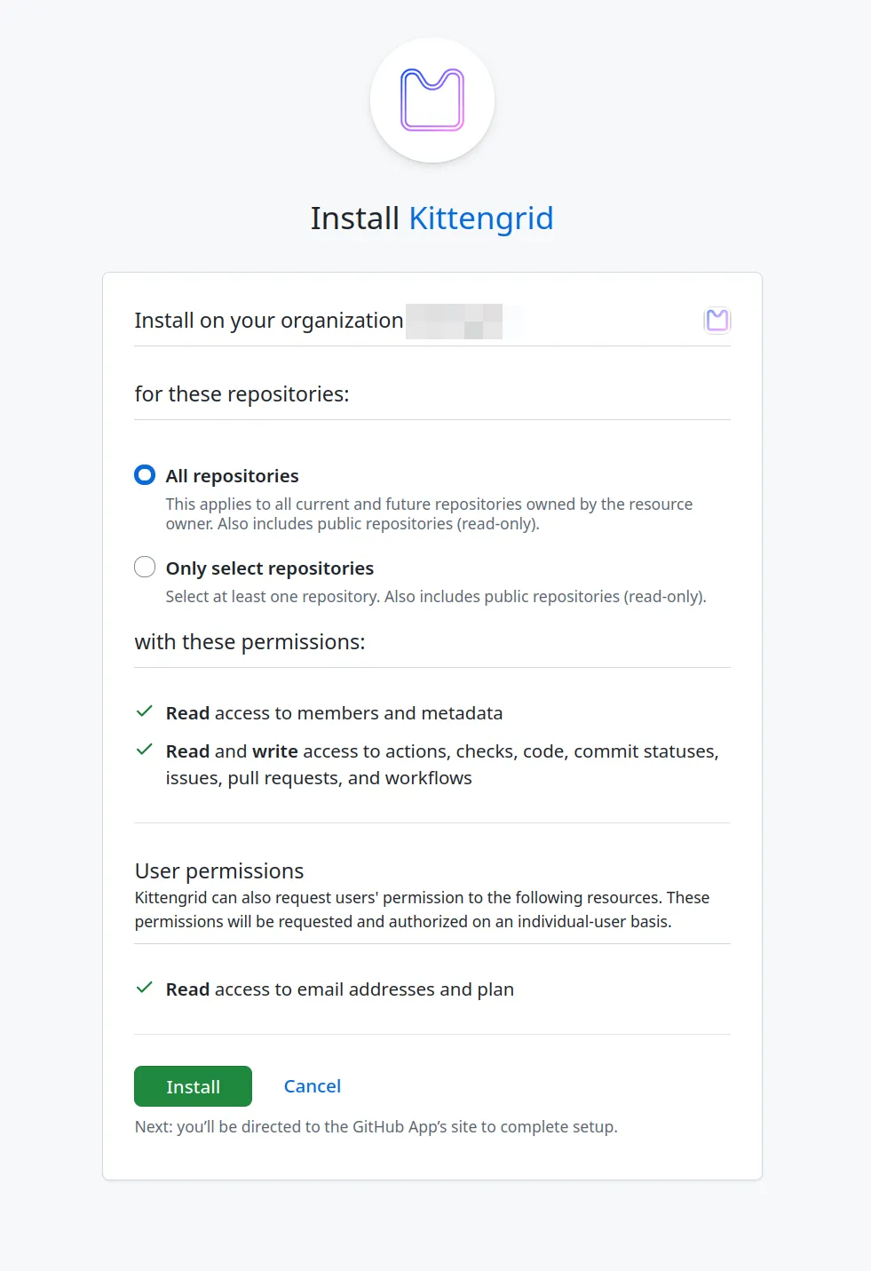 The Kittengrid GitHub App installation screen, where you select repositories and review permissions.